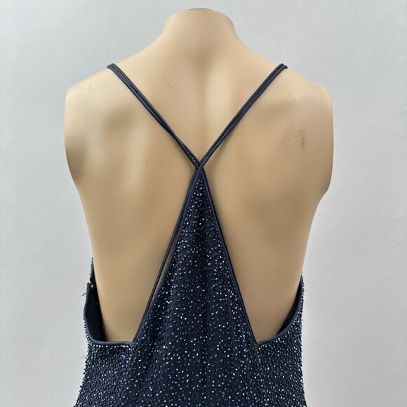 Y2K Bieff Basix Silk V-Neck Beaded Sleeveless Cocktail Dress Navy Blue Womens 12 - Picture 3 of 10